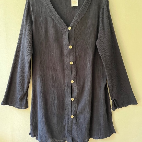 Le Cove Sz M Navy Blue Crepe Midi Shirt Cover Up Dress Button Down V Neck - Picture 1 of 8